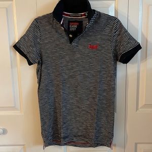 Mens navy blue and white stripe SuperDry polo in size small